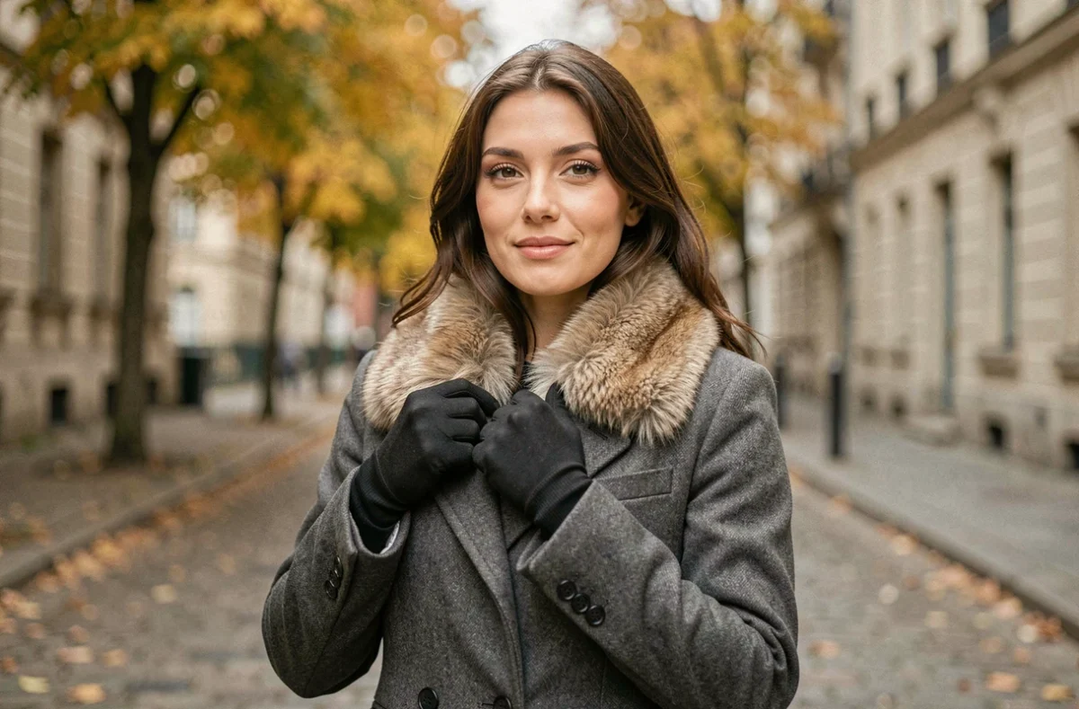 Femme portant un col amovible en fausse fourrure sur un manteau en laine dans une rue pavée en automne