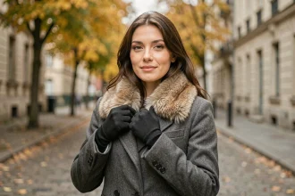 Femme portant un col amovible en fausse fourrure sur un manteau en laine dans une rue pavée en automne