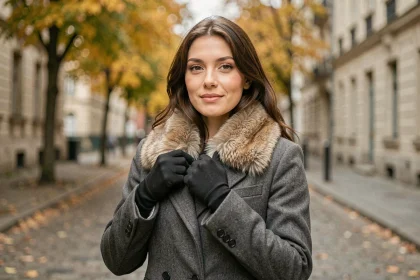 Femme portant un col amovible en fausse fourrure sur un manteau en laine dans une rue pavée en automne