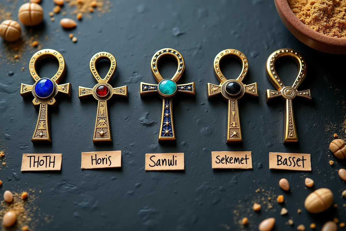 Sept croix ankh différentes représentant les signes astrologiques égyptiens disposées sur une ardoise avec des étiquettes manuscrites