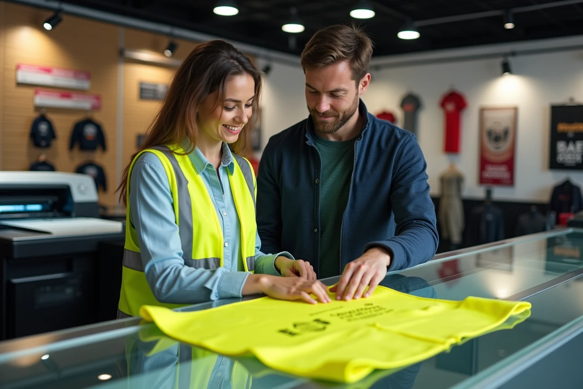 Deux clients examinant un gilet jaune personnalisé en express dans une boutique de marquage textile