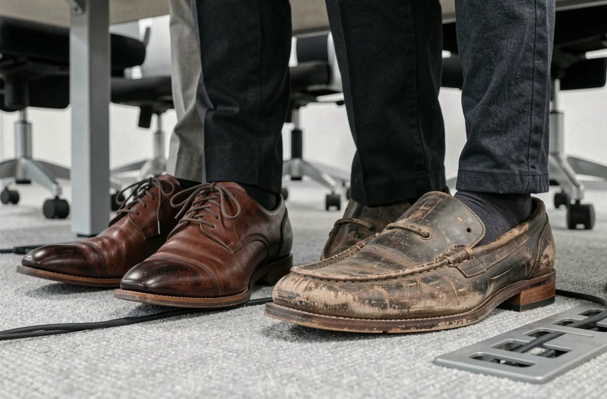 Gros plan sous une table de réunion comparant des chaussures élégantes et des chaussures inesthétiques et usées en milieu professionnel