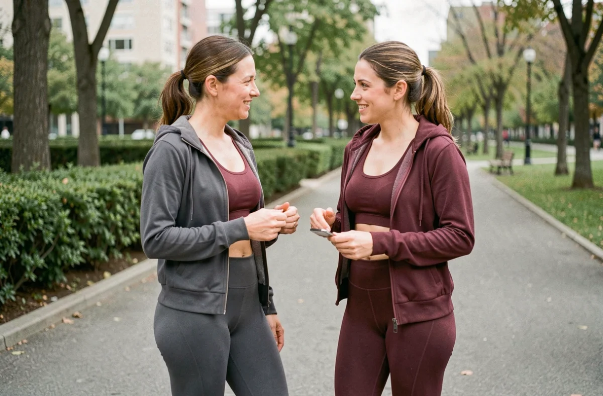 Deux femmes comparant leurs leggings minceur dans un parc urbain lors d'une session sportive