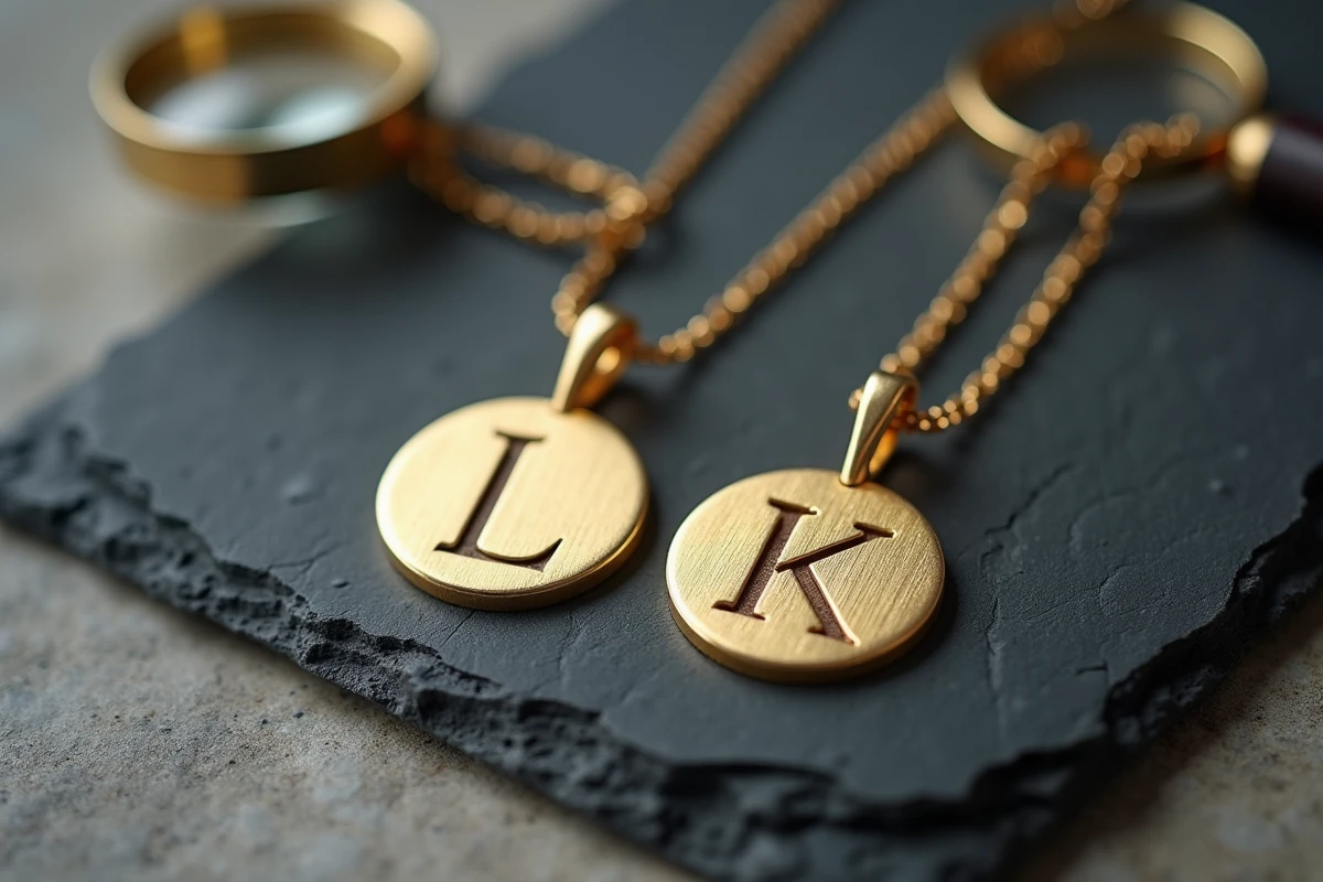 Comparaison de deux pendentifs en or gravés côte à côte, l'un avec une gravure nette et l'autre avec une gravure imprécise, sur ardoise grise