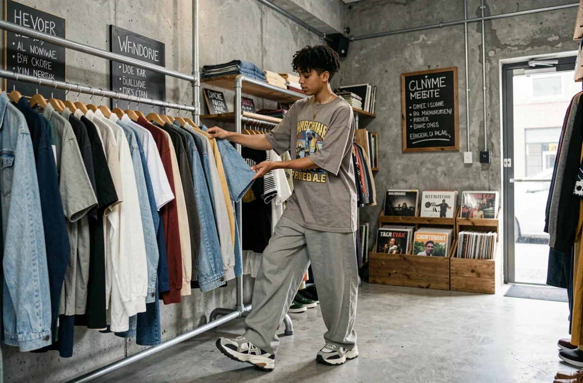 Une personne en tenue streetwear vintage fouille les racks de Cool Apparat, second hand shop à Rennes