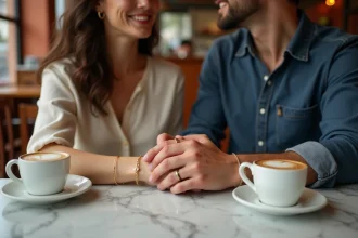 Couple portant des bracelets d'amour assortis en or dans un café parisien, style discret et élégant