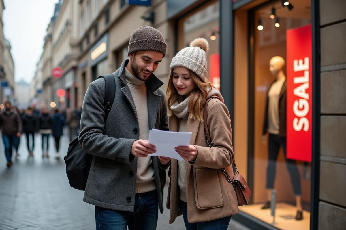 Jeune couple faisant du shopping en ville hiver