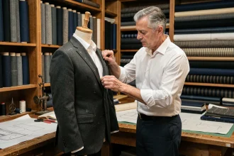 Couturier professionnel ajustant un costume homme sur mesure dans un atelier de tailleur à Reims