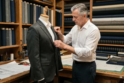 Couturier professionnel ajustant un costume homme sur mesure dans un atelier de tailleur à Reims