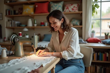 Femme couturière française travaillant dans son atelier avec tissus et machine