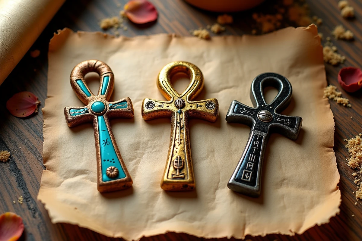 Trois croix ankh ornées en or, cuivre et obsidienne posées sur du papyrus ancien avec des symboles astrologiques égyptiens