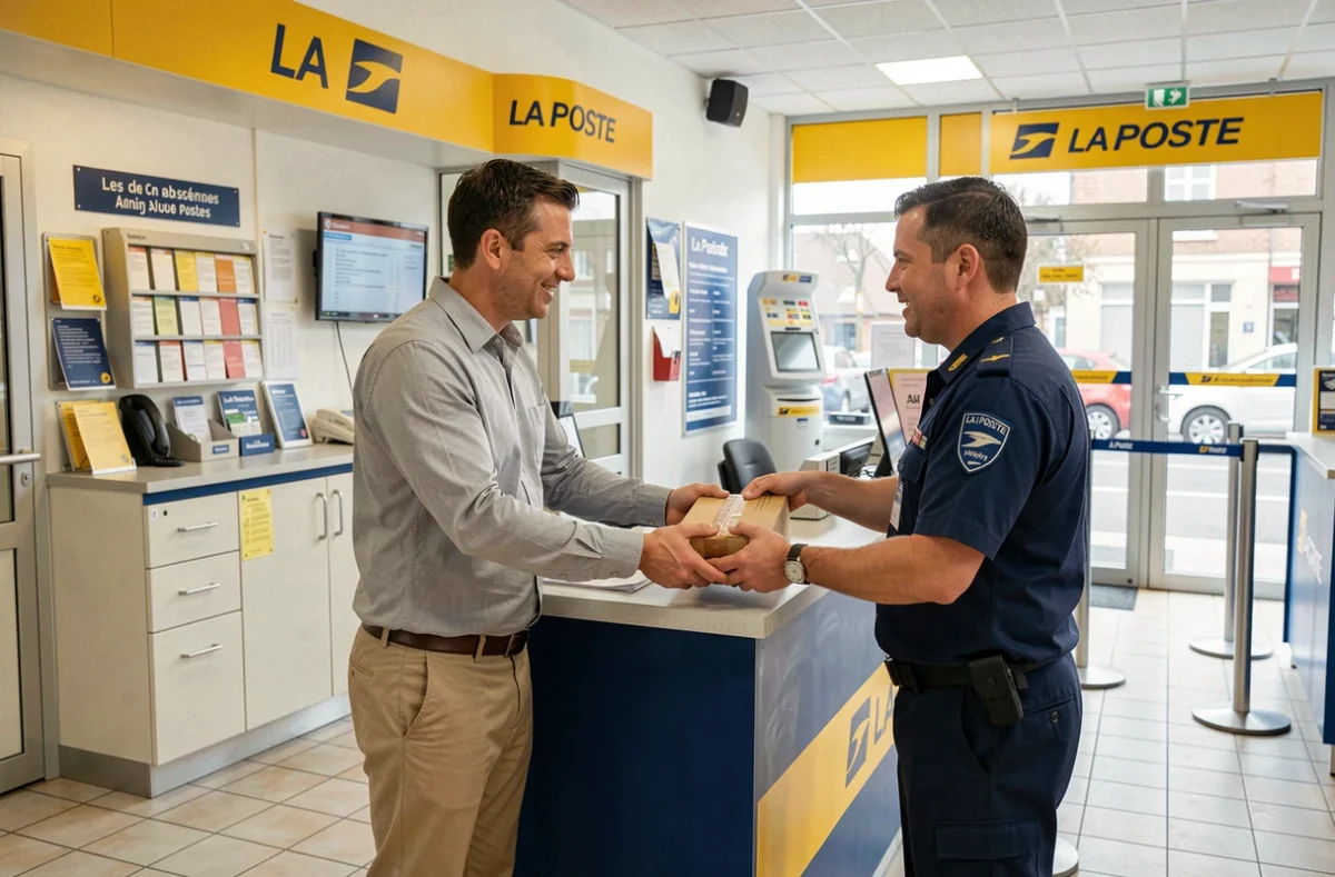 Client déposant un colis au comptoir d'un bureau de La Poste pour un retour de commande Matenue