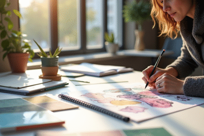 Créatrice de mode esquissant des designs dans un studio lumineux