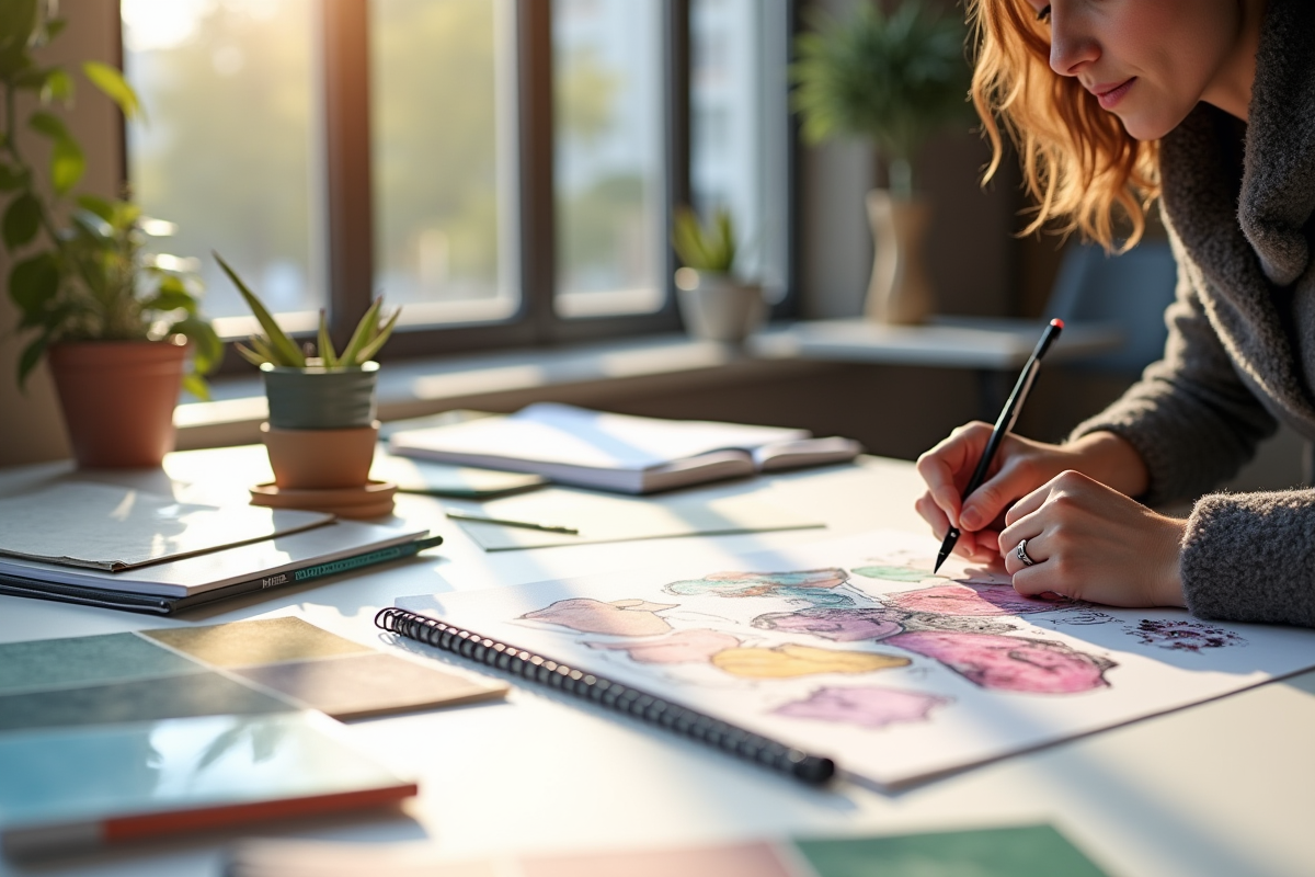 Créatrice de mode esquissant des designs dans un studio lumineux