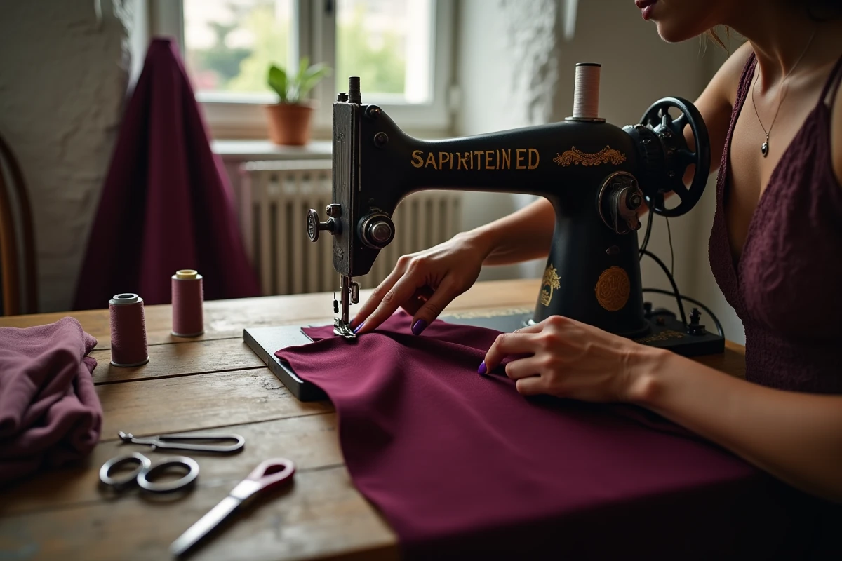 Gros plan sur les mains d'une couturière effectuant une retouche express sur une robe de soirée bordeaux avec une machine à coudre professionnelle à Sainte-Geneviève-des-Bois