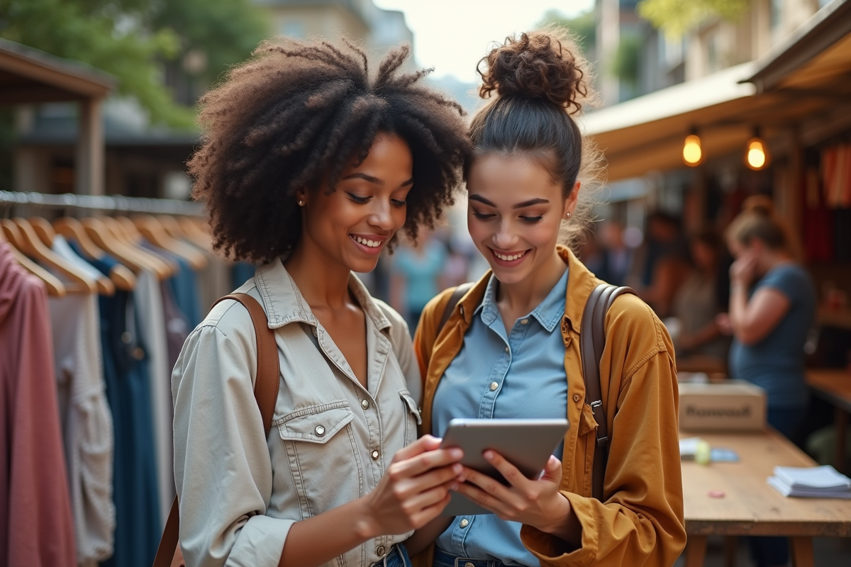 Deux jeunes femmes souriantes regardant des vêtements vintage au marché
