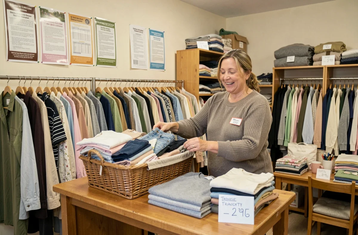 Une bénévole trie des dons vêtements dans Ding Fring, friperie solidaire près du centre de Rennes