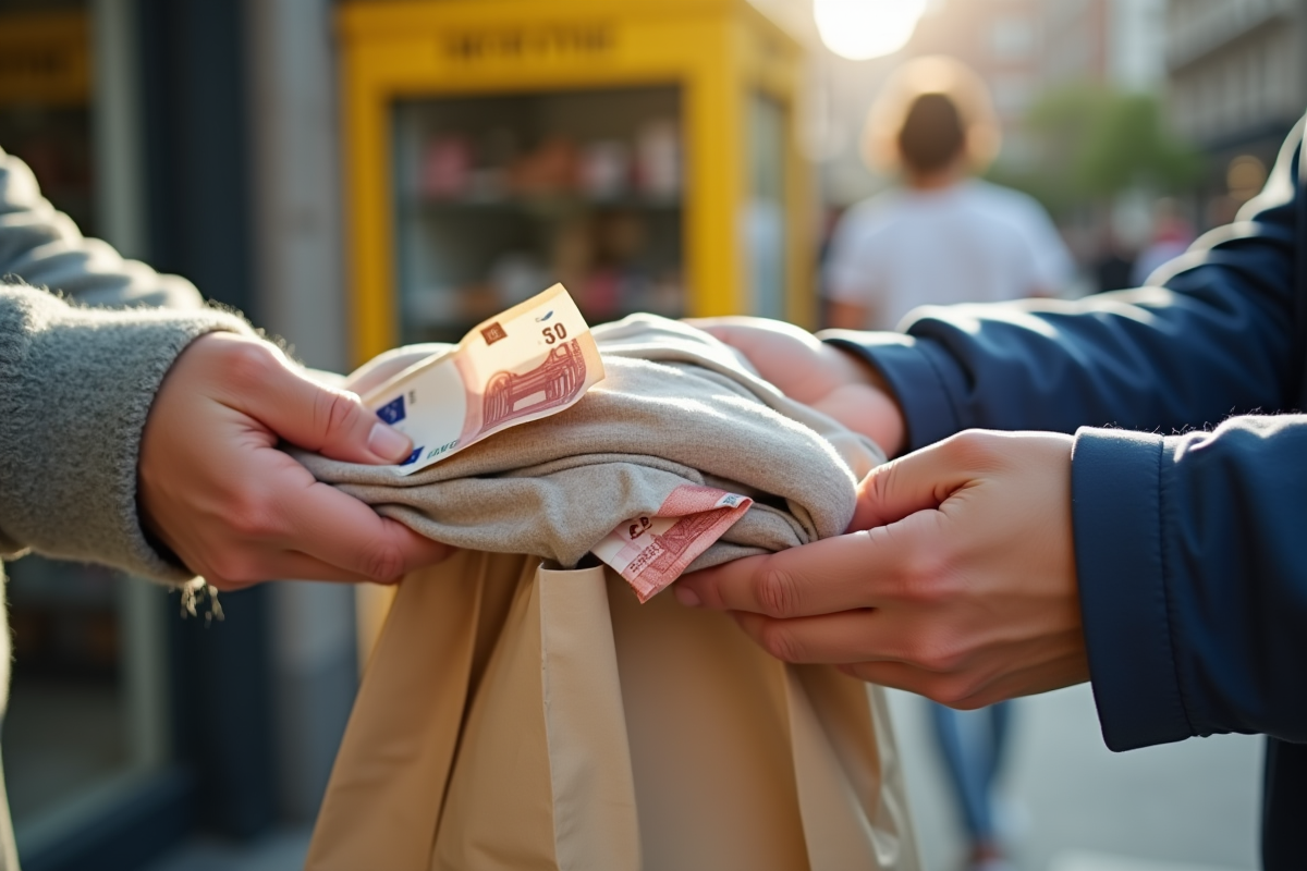 Mains échangeant un sac de vêtements pliés contre des billets d euros en extérieur