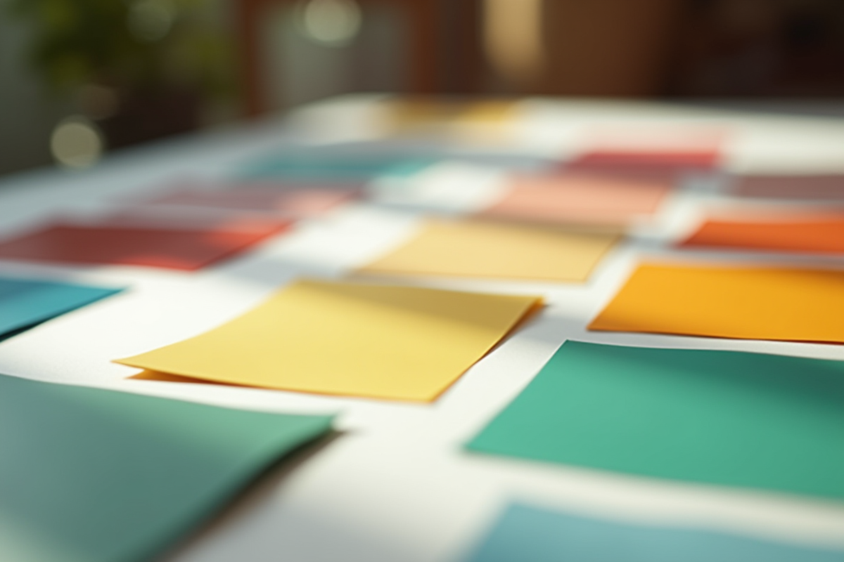 Echantillons de peinture sur une table de designer avec couleurs contrastantes