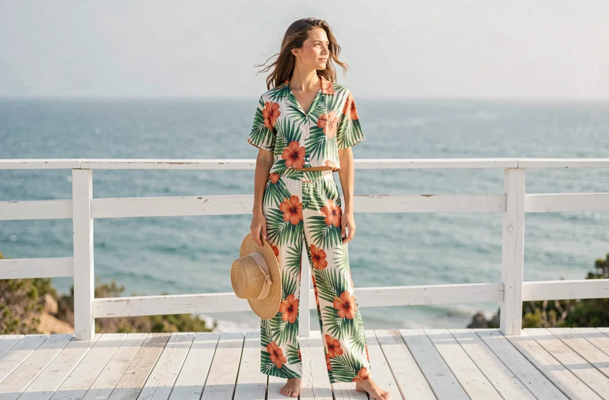 Femme en ensemble co-ord fleuri tropical sur une terrasse en bois au bord de la mer pour un look Instagram