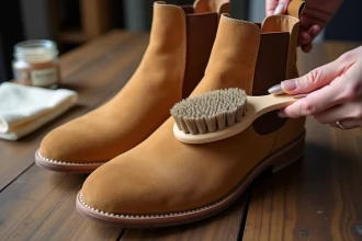 Entretien de chaussures en daim camel avec une brosse à poils doux pour restaurer le nap usé