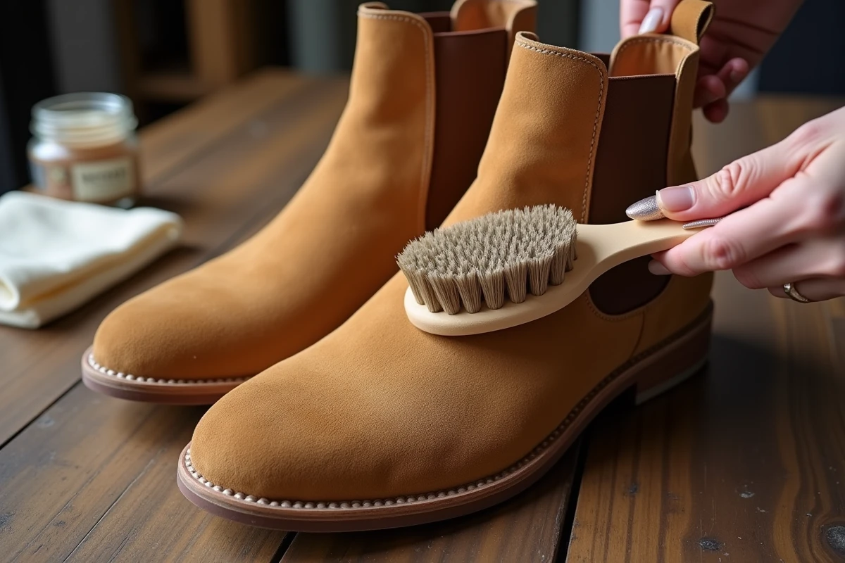 Entretien de chaussures en daim camel avec une brosse à poils doux pour restaurer le nap usé