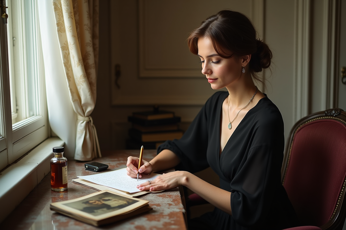 Femme lisant une lettre dans un bureau parisien ancien