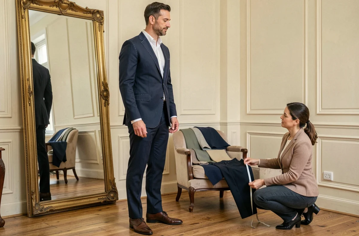 Essayage d'un costume homme sur mesure dans une boutique de tailleur élégante à Reims