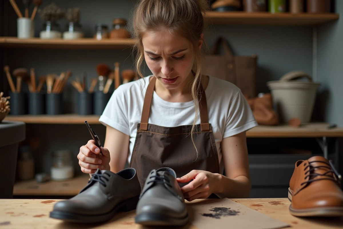 Jeune femme examine des chaussures en cuir dans son atelier