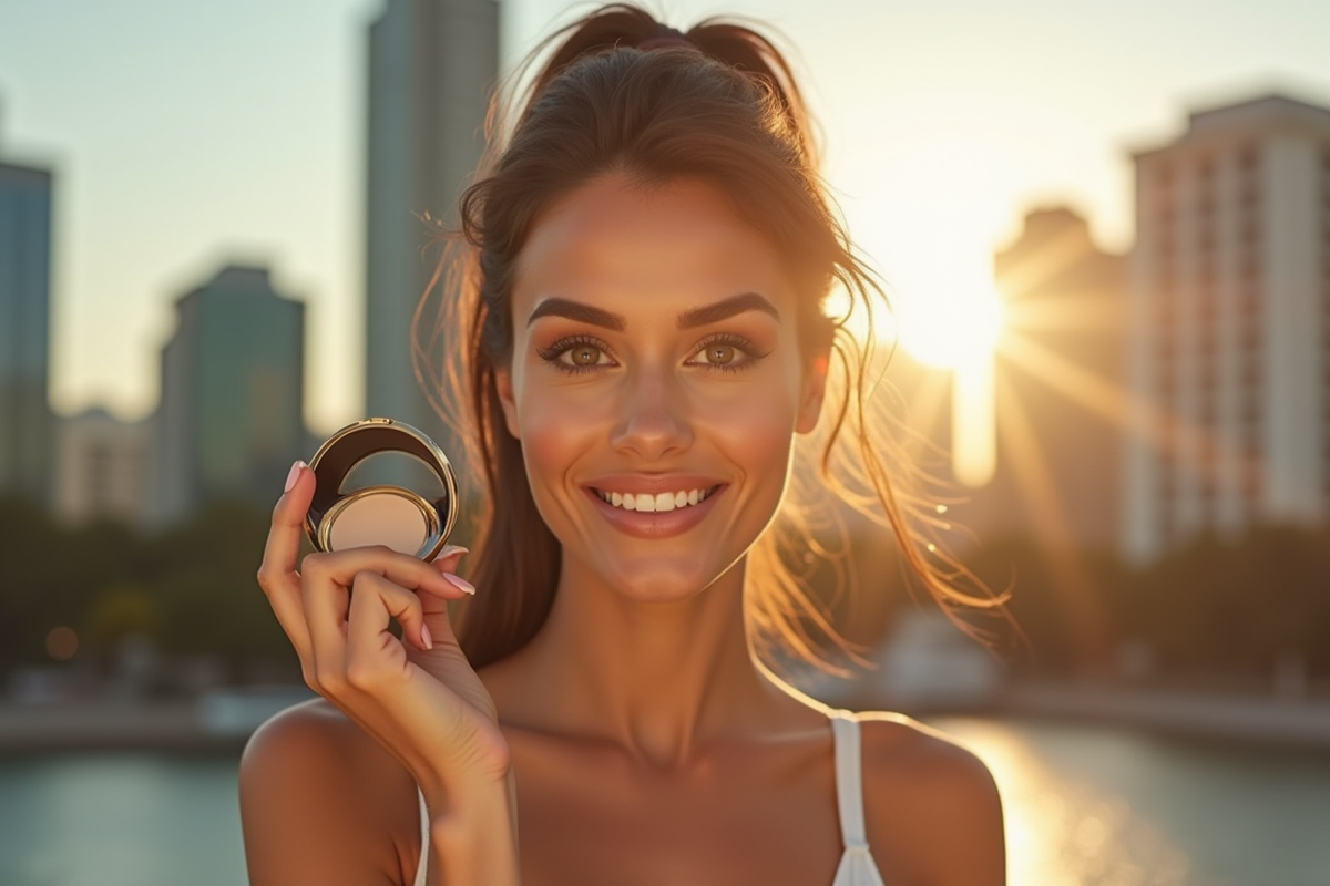 femme confiante avec maquillage parfait en ville