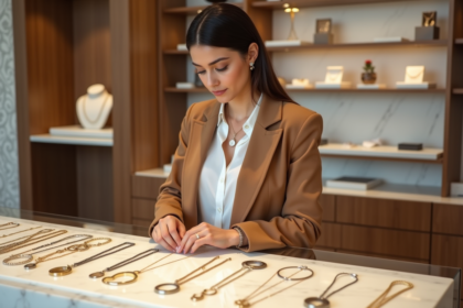 Femme élégante examinant des colliers en bijouterie moderne