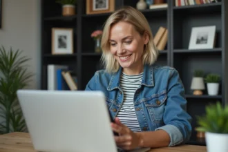 Femme en bureau moderne utilisant son téléphone