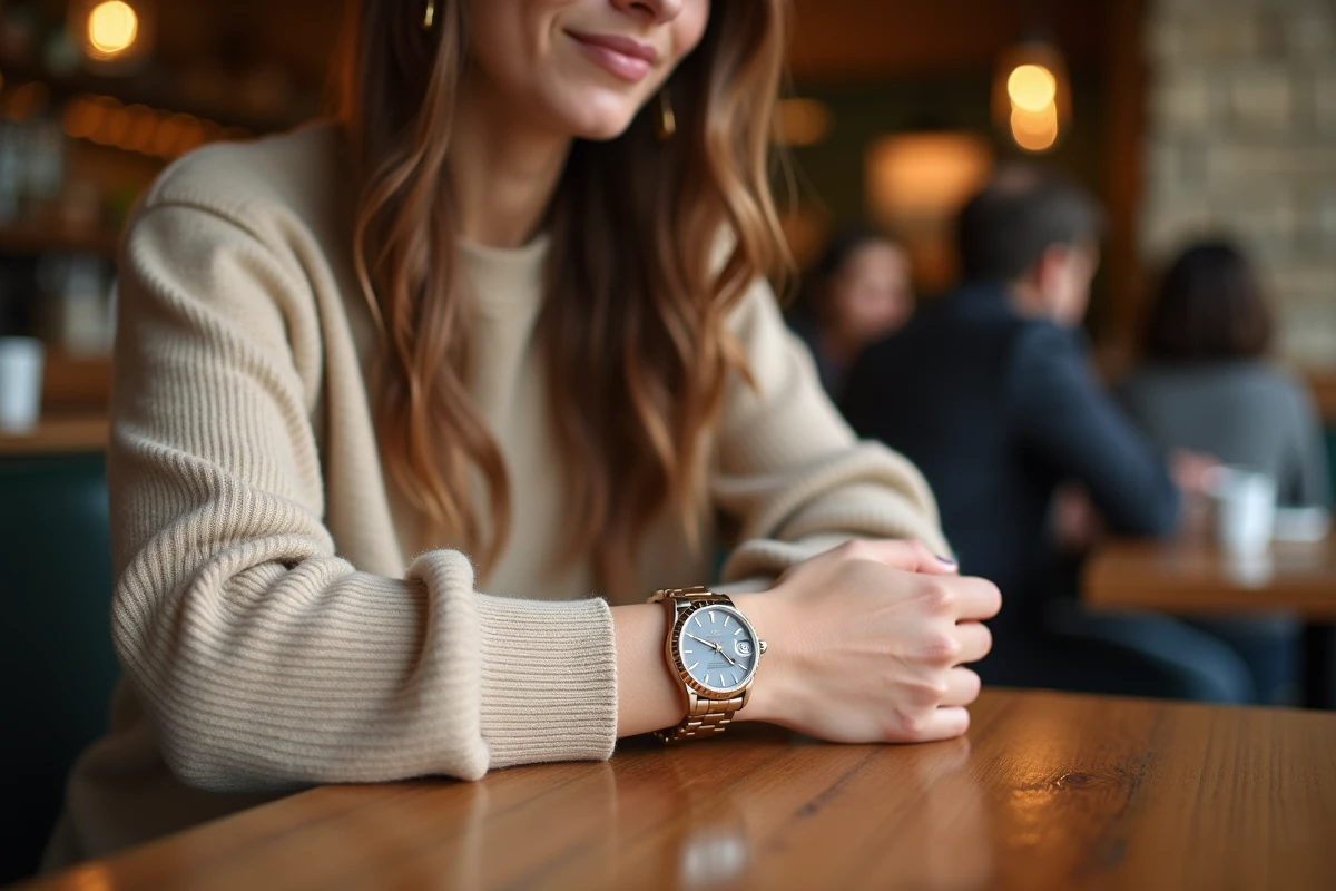 Jeune femme ajustant sa montre dans un café chaleureux