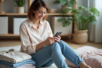 Femme détendue avec vêtements tendance dans un intérieur scandinave