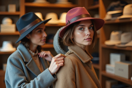 Femme élégante essayant des chapeaux dans une boutique chic