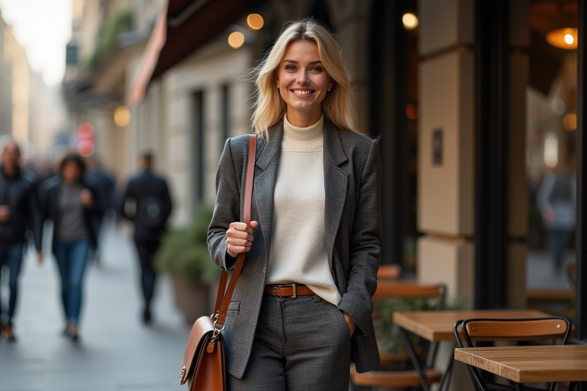 Femme élégante en blazer dans une ville animée