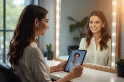Femme souriante essayant des coiffures virtuelles avec une tablette
