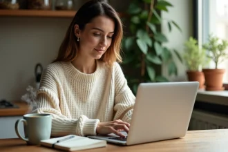 Jeune femme débutante créant son premier blogue depuis sa cuisine sur un ordinateur portable