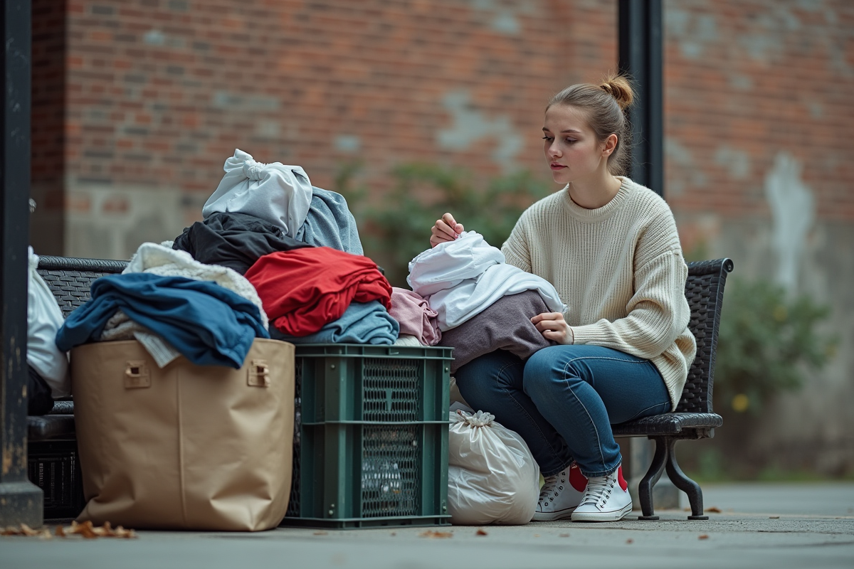 Jeune femme assise près de sacs de dons de vêtements