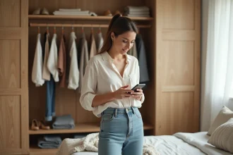 Femme consultant une application de revente de vêtements devant son dressing ouvert