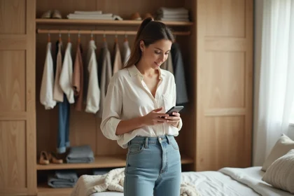 Femme consultant une application de revente de vêtements devant son dressing ouvert