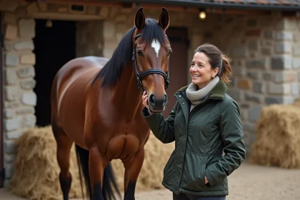 Femme en veste d'equitation caressant un cheval dans la cour