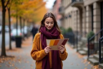 Femme élégante en pull ocre et écharpe prune examine une palette de couleurs automnales