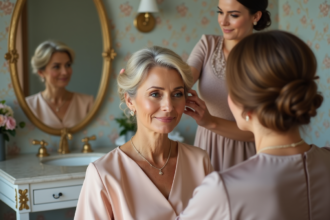 Femme élégante en robe pastel avec coiffure classique