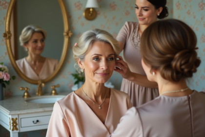 Femme élégante en robe pastel avec coiffure classique