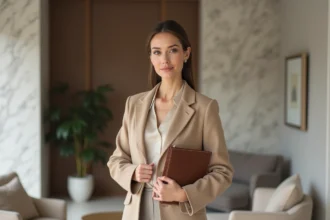 Femme élégante en salon minimaliste avec manteau beige