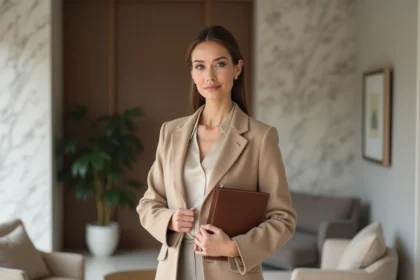 Femme élégante en salon minimaliste avec manteau beige