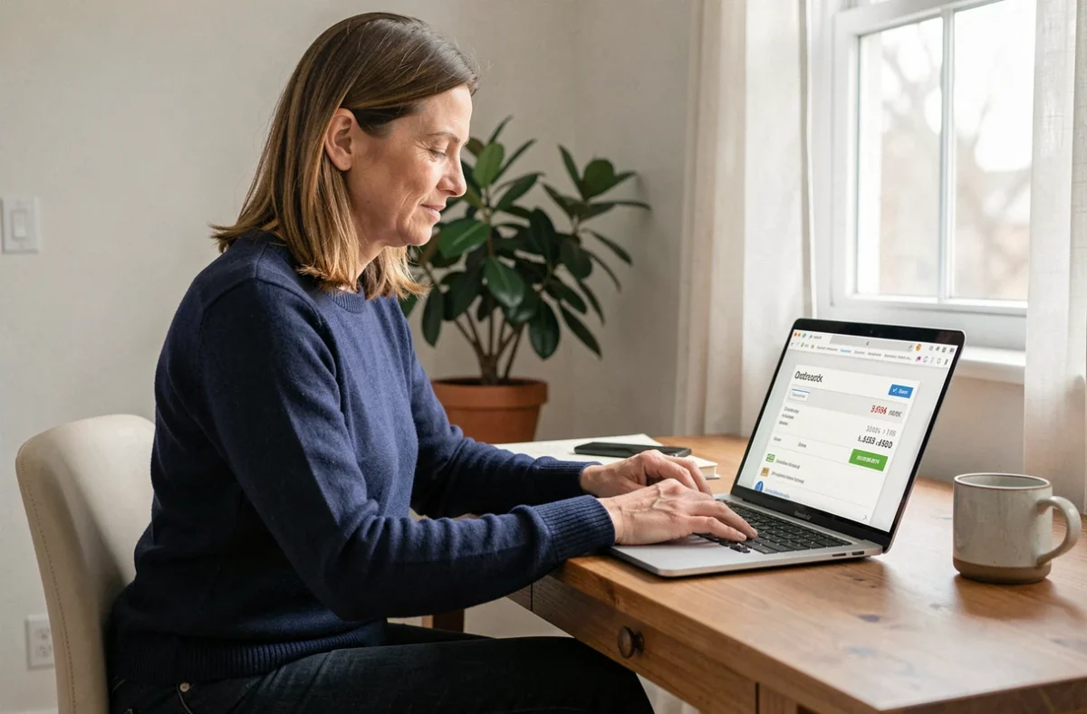 Femme consultant son espace Matenue La Poste sur un ordinateur portable depuis son bureau à domicile