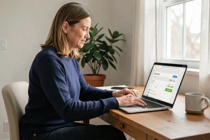 Femme consultant son espace Matenue La Poste sur un ordinateur portable depuis son bureau à domicile