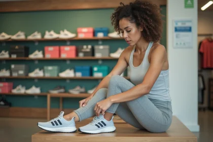 Femme essayant des chaussures Adidas dans un magasin de sport pour vérifier la taille adaptée à sa morphologie